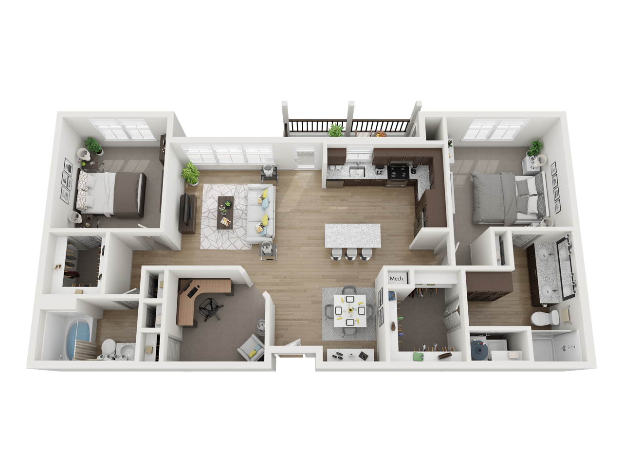 Floor plan for 2 beds, 2 baths, 1303 sqft